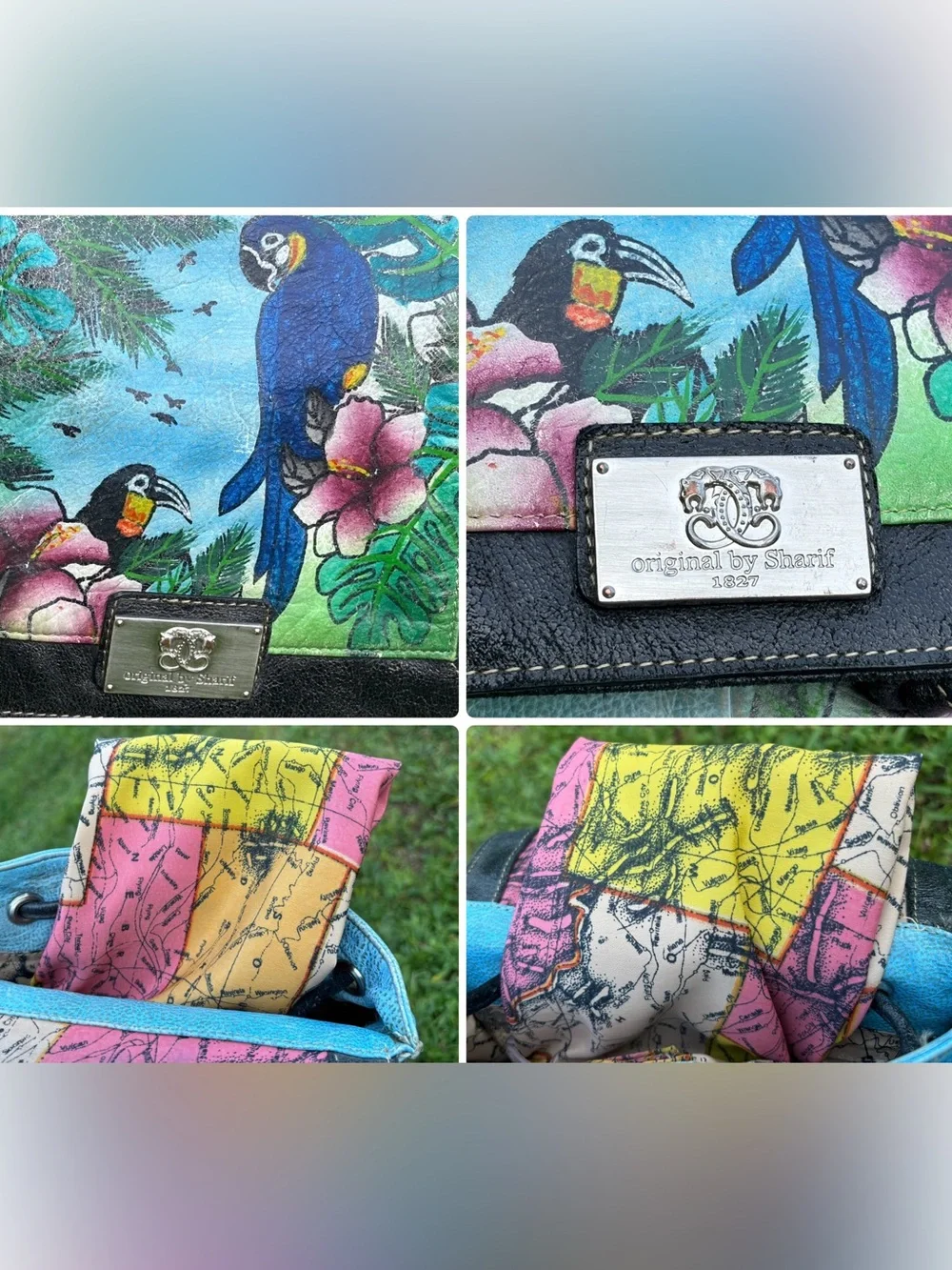 Vintage Original by Sharif 1827 Hand Painted Leather Parrot Tropical Satchel